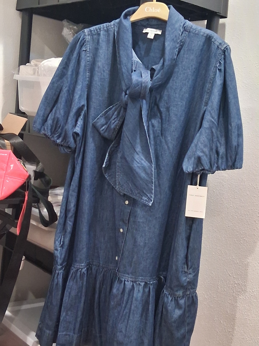 Women's Blue Denim Tie-Neck Casual Dress